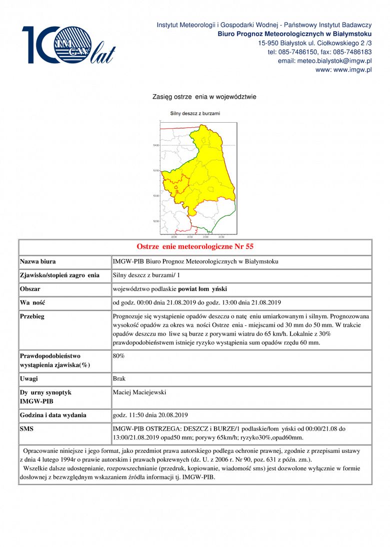 Ostrzeżenie przed silnym deszczem z burzami