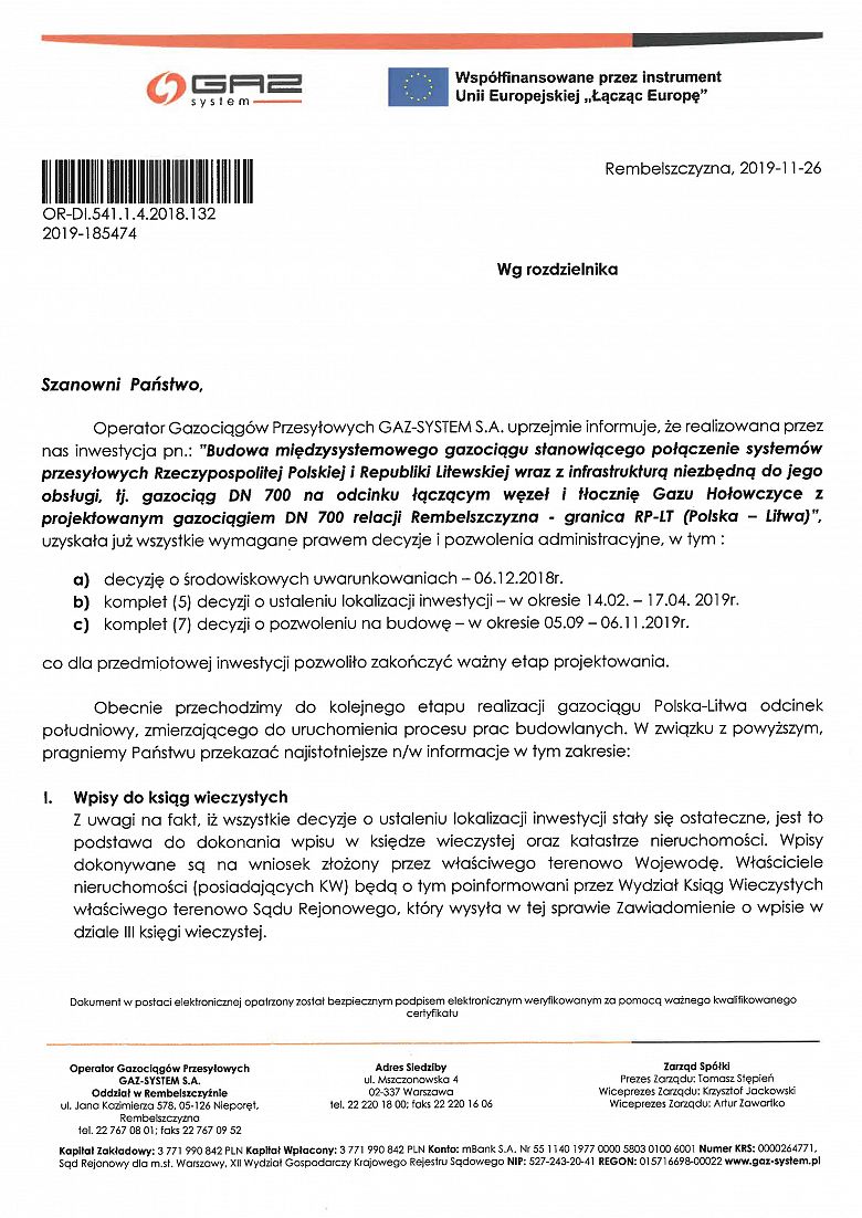 Informacja GAZ-SYSTEM S.A.