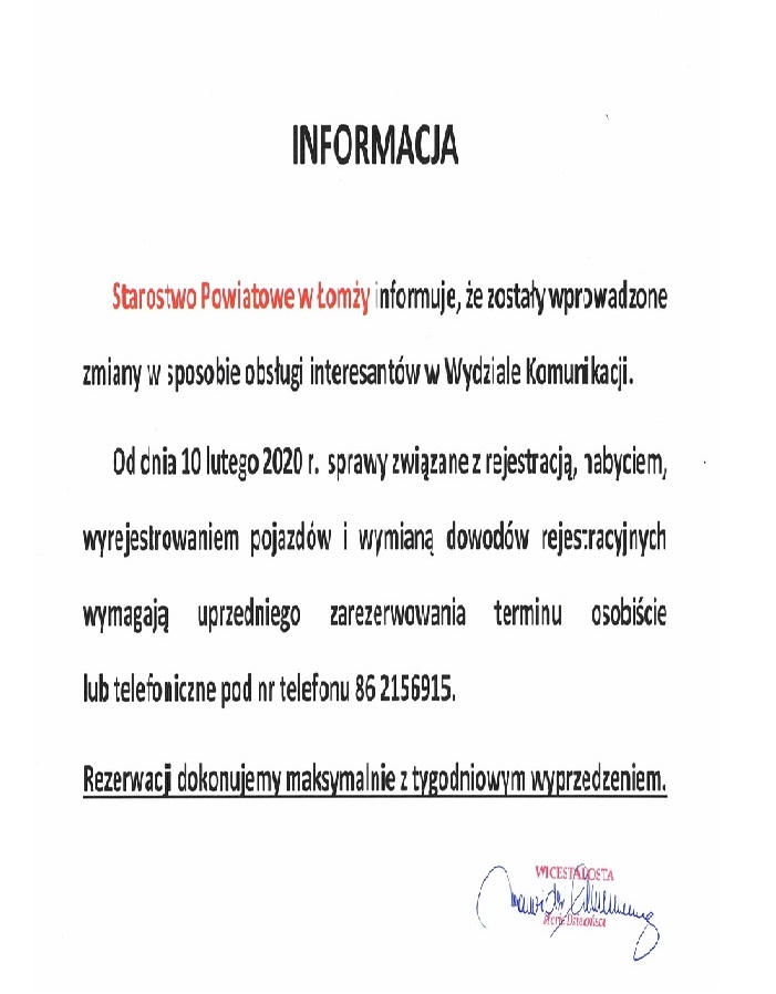 Informacja dotycząca przyjmowania interesantów w Wydziale Komunikacji Starostwa Powiatowego