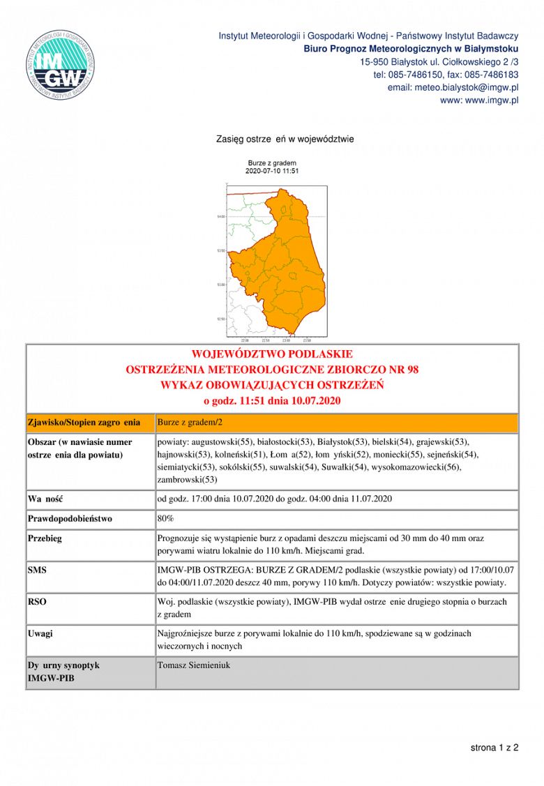 Ostrzeżenie przed możliwością wystąpienia burzy z gradem i silnym wiatrem w dniu 10 lipca