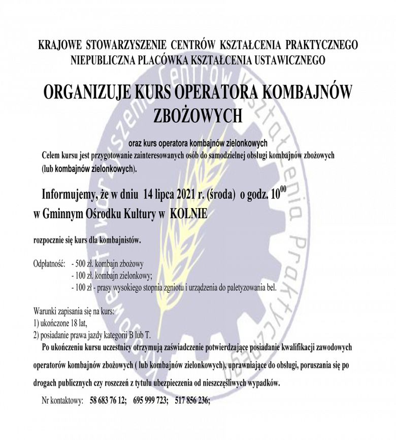 Kurs operatora kombajnu zbożowego