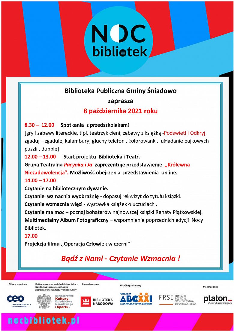 Biblioteka  Publiczna  Gminy Śniadowo zaprasza na VII Noc Bibliotek