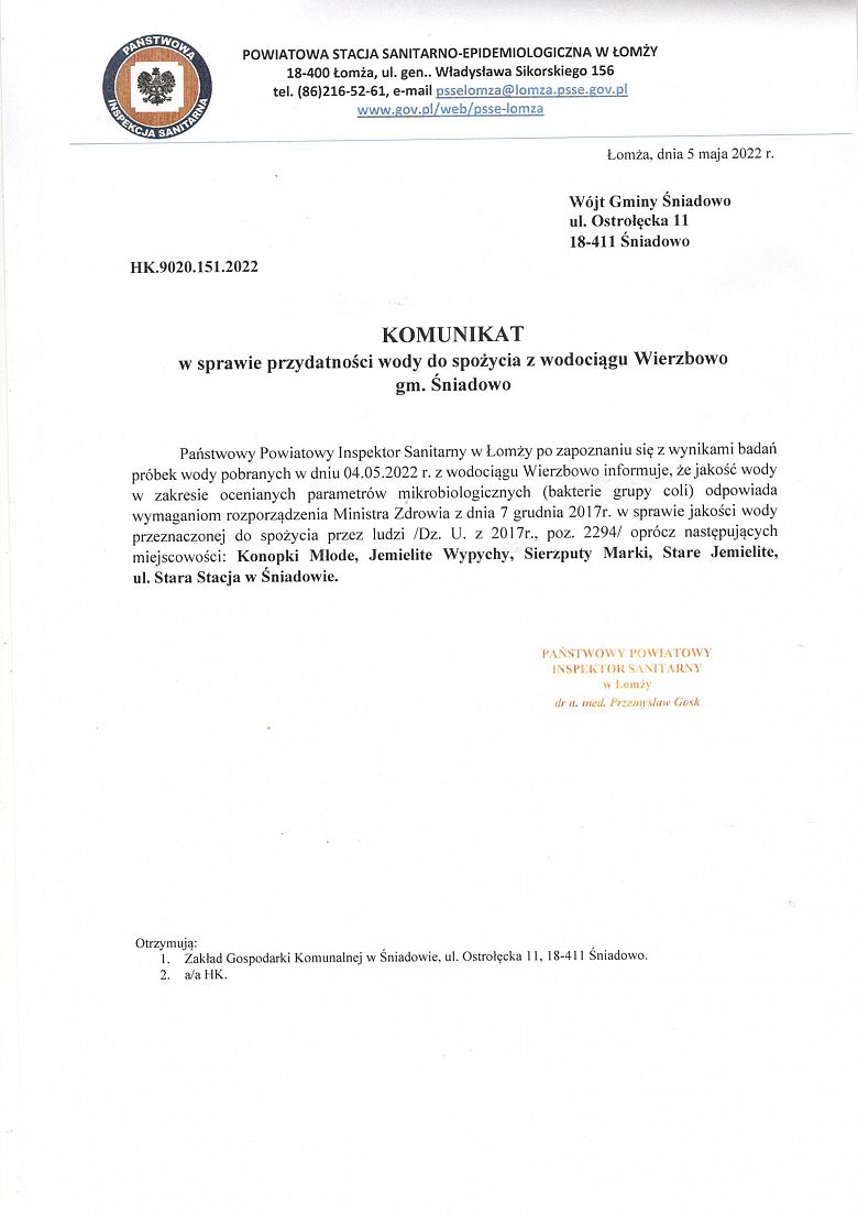 Komunikat w sprawie stwierdzenia przydatności wody do spożycia w Wierzbowie - 05.05.2022