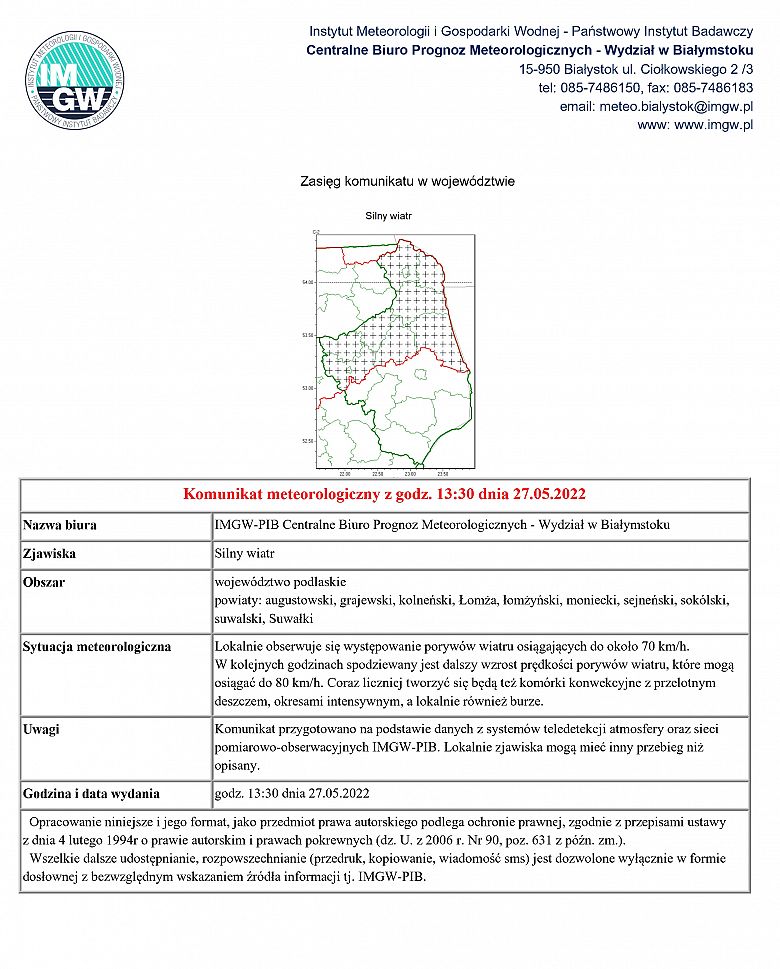 Komunikat meteorologiczny z godz. 13:30 dnia 27.05.2022