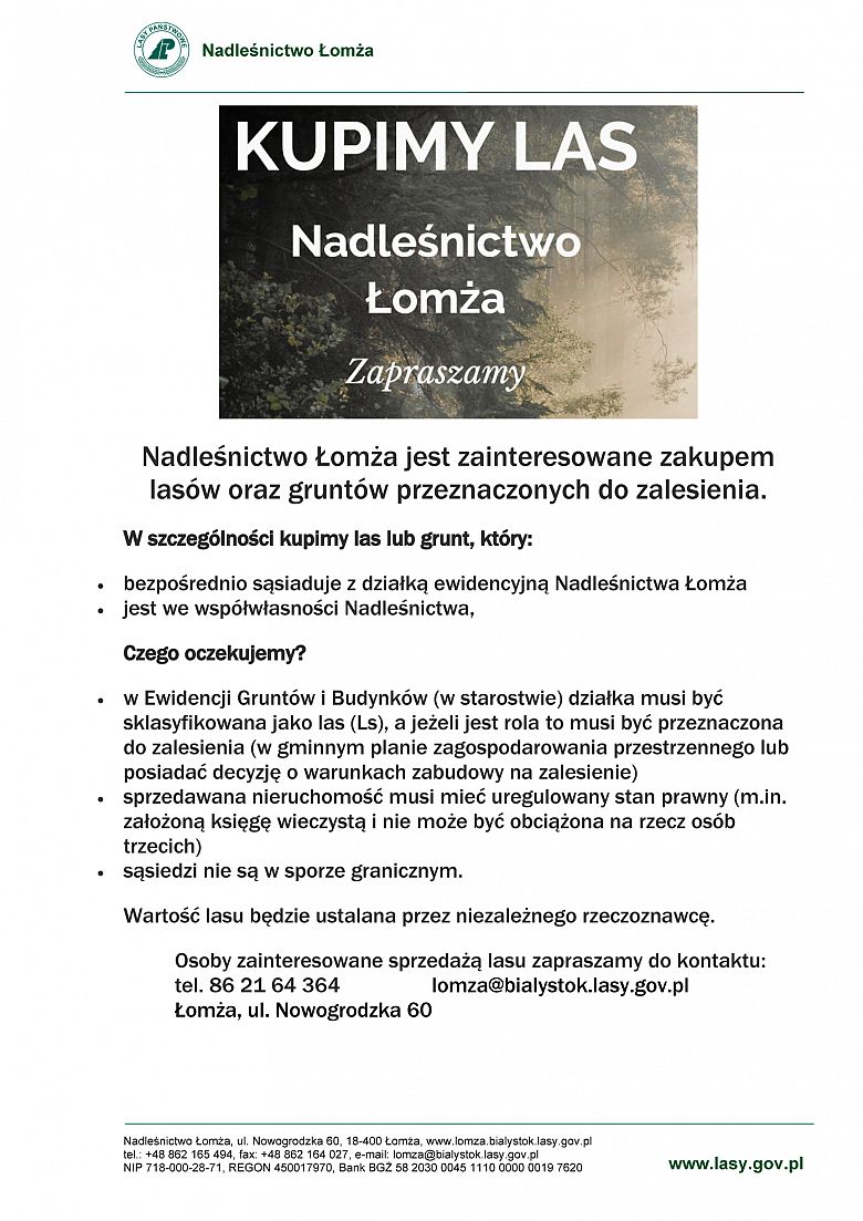 Ogłoszenie Nadleśnictwa Łomża