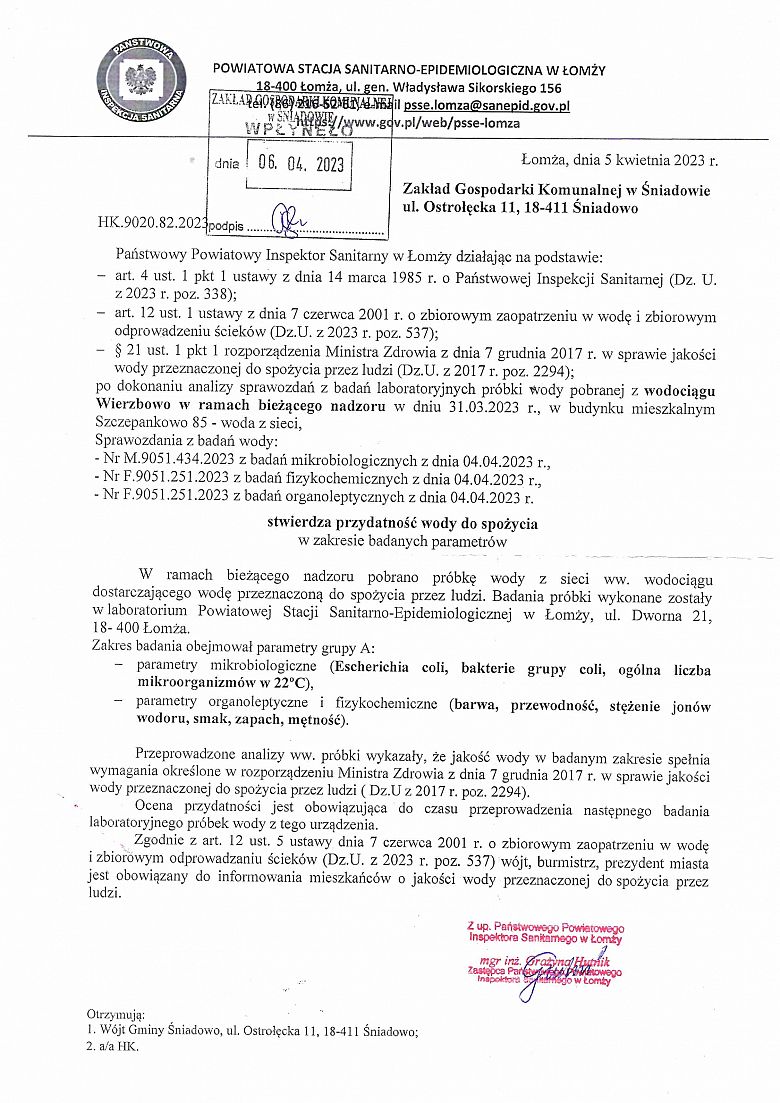 Komunikat w sprawie stwierdzenia przydatności wody z wodociagu Wierzbowo - 5.04.2023 r.