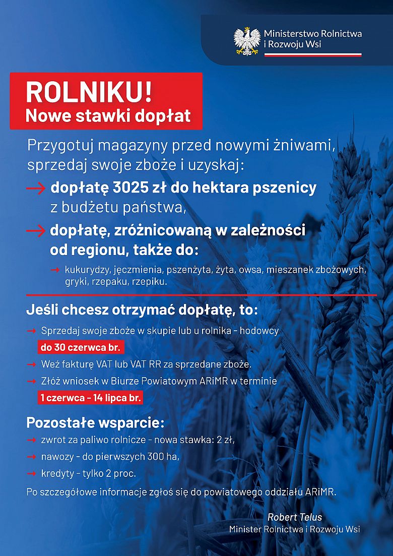 Rolniku! Nowe stawki dopłat do zboża