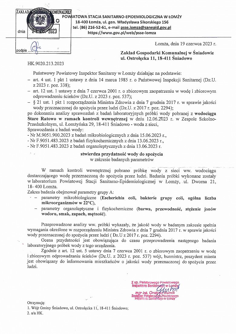 Komunikat w sprawie przydatności wody do spożycia z wodociągu w Starym Ratowie z dnia 19.06.2023 r