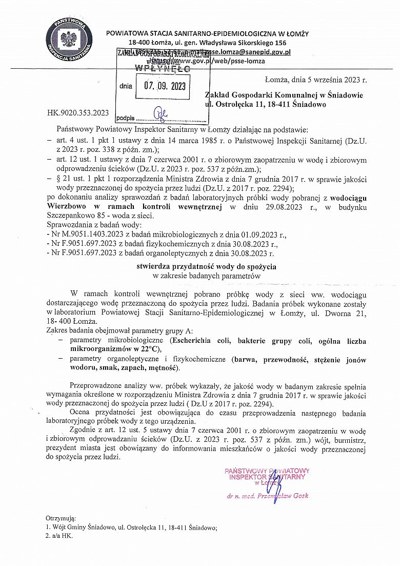 Komunikat w sprawie przydatności wody do spożycia z wodociągu w Wierzbowie z dnia 05.09.2023 r