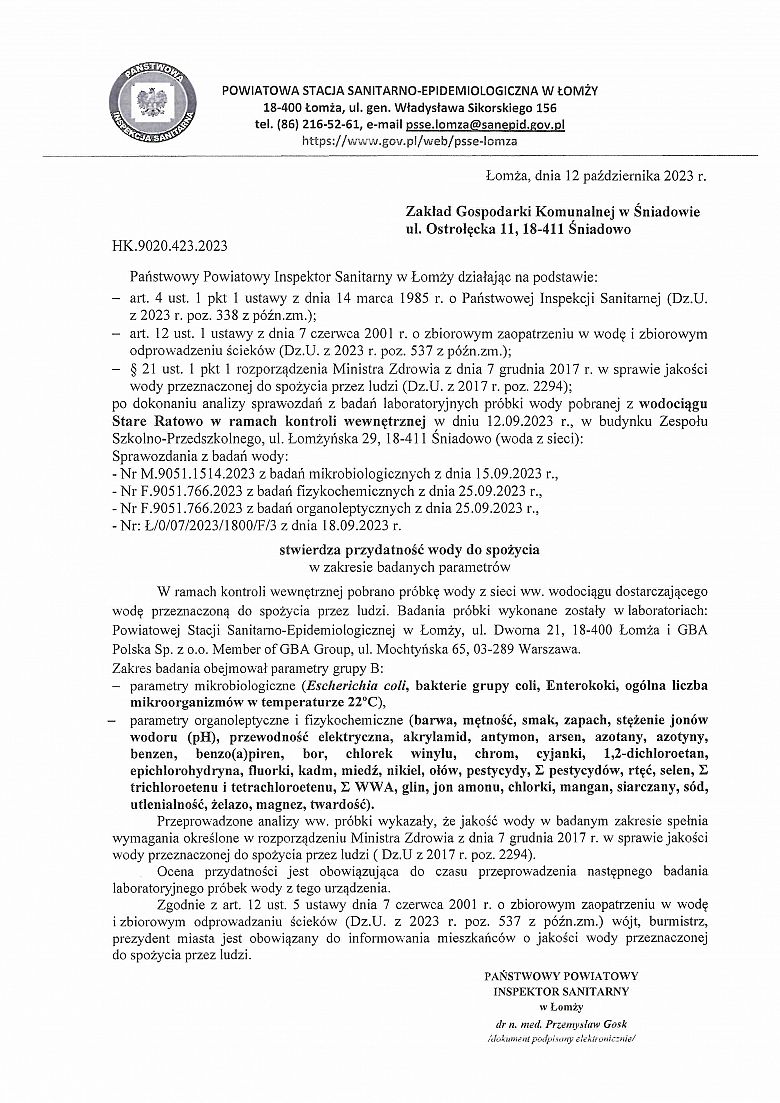 Komunikat w sprawie przydatności wody do spożycia wodociąg Stare Ratowo z dnia 12.10.2023 r
