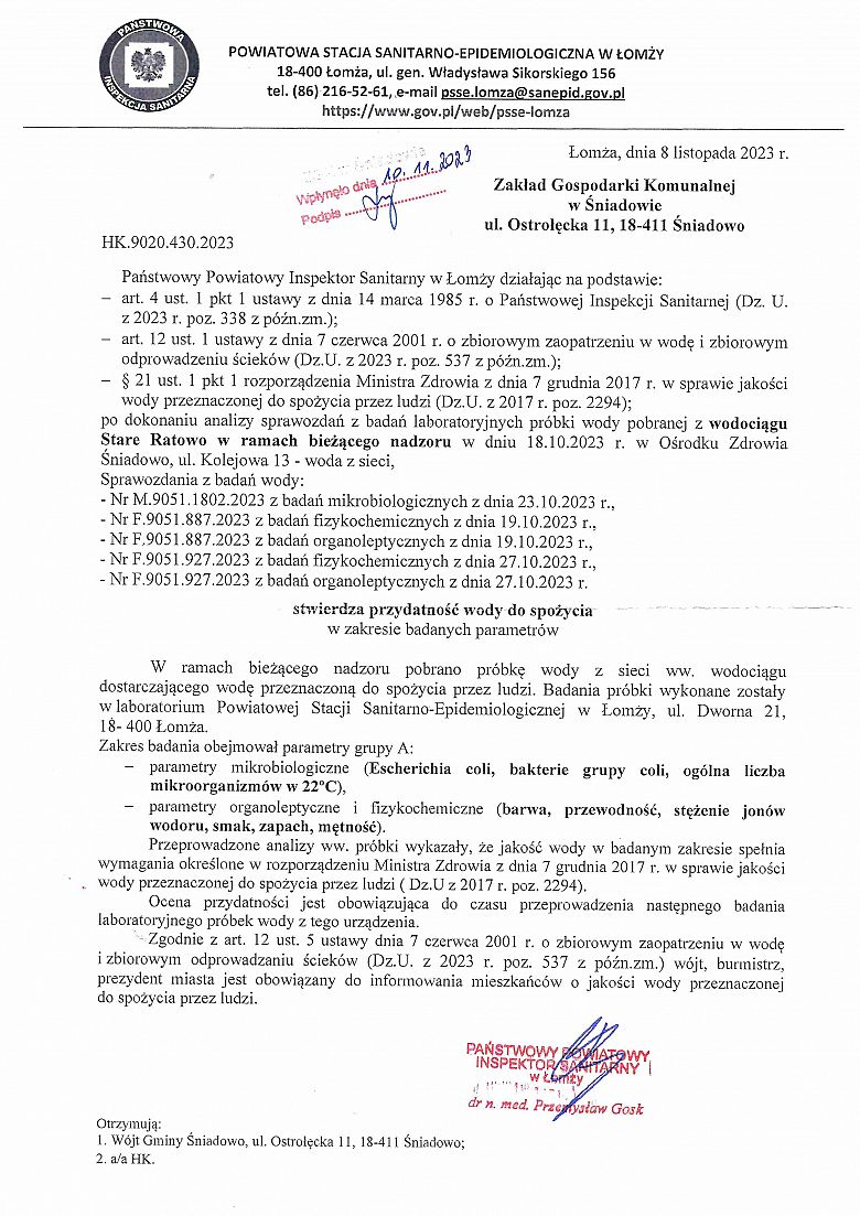 Komunikat w sprawie przydatności wody do spożycia z wodociągu w Starym Ratowie z dnia 08.11.2023 r