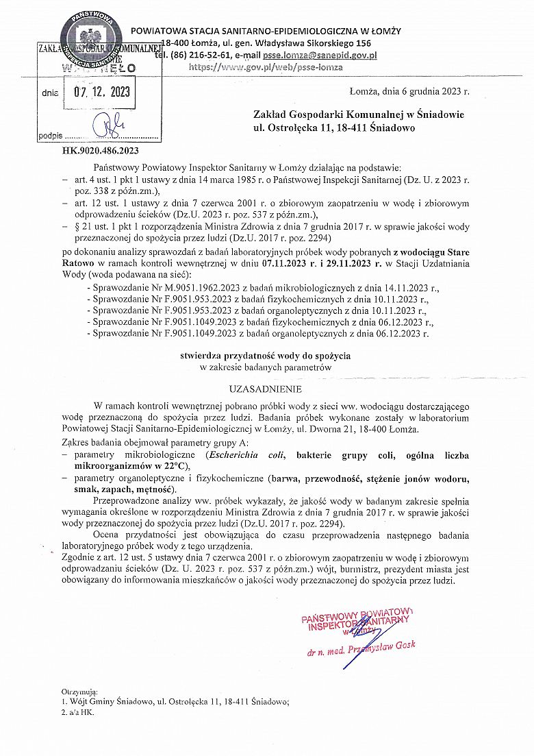 Komunikat w sprawie przydatności wody do spożycia z wodociągu Stare Ratowo z dnia 06.12.2023 r