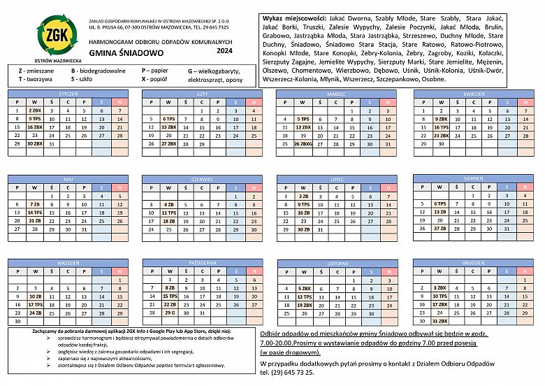 Harmonogram odbioru odpadów komunalnych w 2024 roku