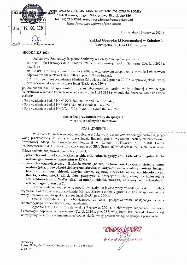 Stwierdzenie przydatności wody do spożycia z wodociągu w Wierzbowie z dnia 11.06.2024r