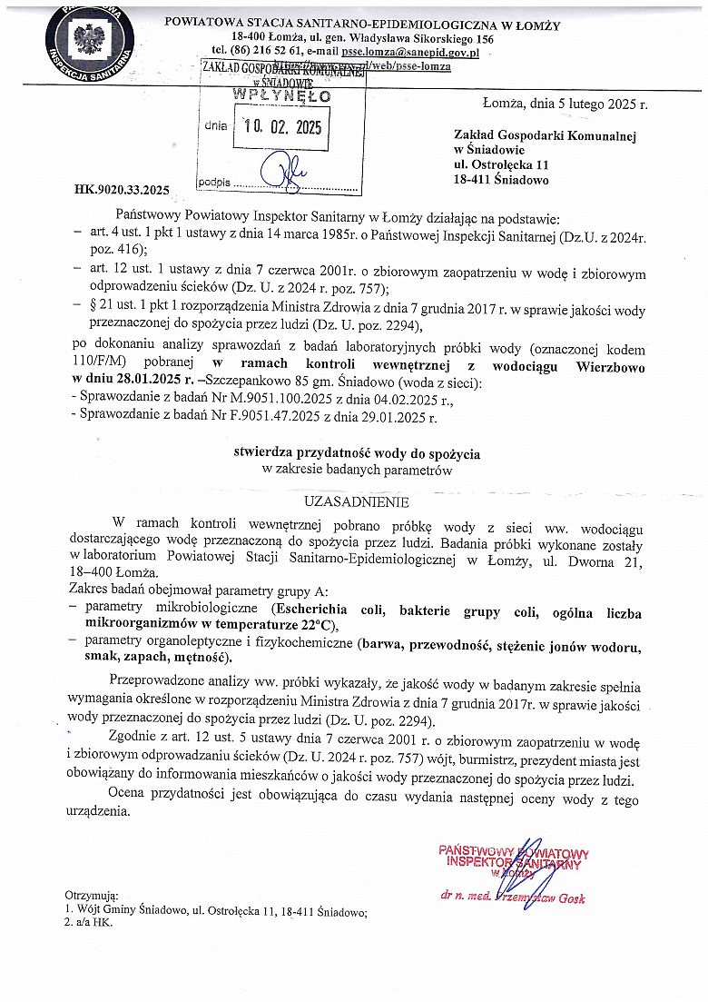 Stwierdzenie przydatności wody do spożycia z wodociągu w Wierzbowie z dnia 05.02.2025 r