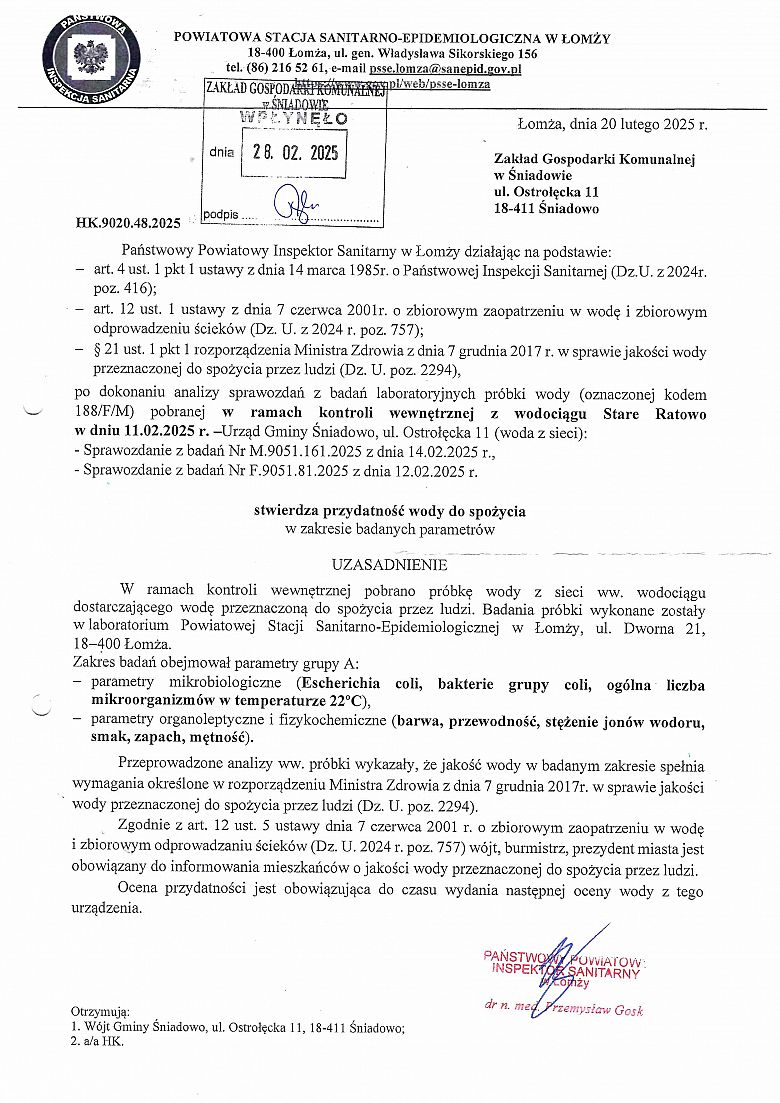 Stwierdzenie przydatności wody do spożycia z dnia 20 lutego 2025 r z wodociągu w Starym Ratowie