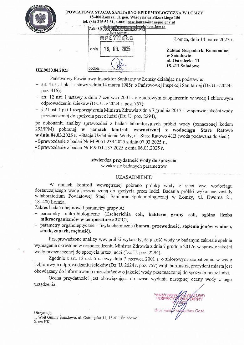Stwierdzenie przydatności wody do spożycia z SUW w Starym Ratowie z dnia 14.03.2025 r+