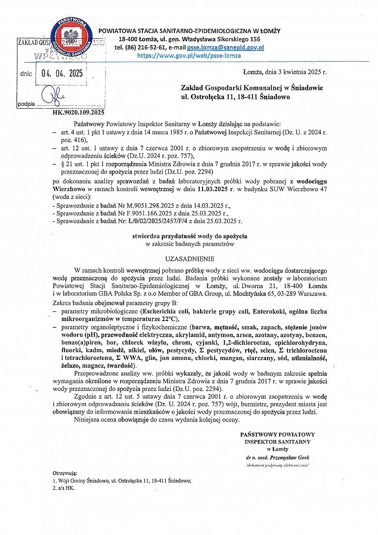 Stwierdzenie przydatności wody do spożycia z dnia 03.04.2025 r z wodociągu w Wierzbowie
