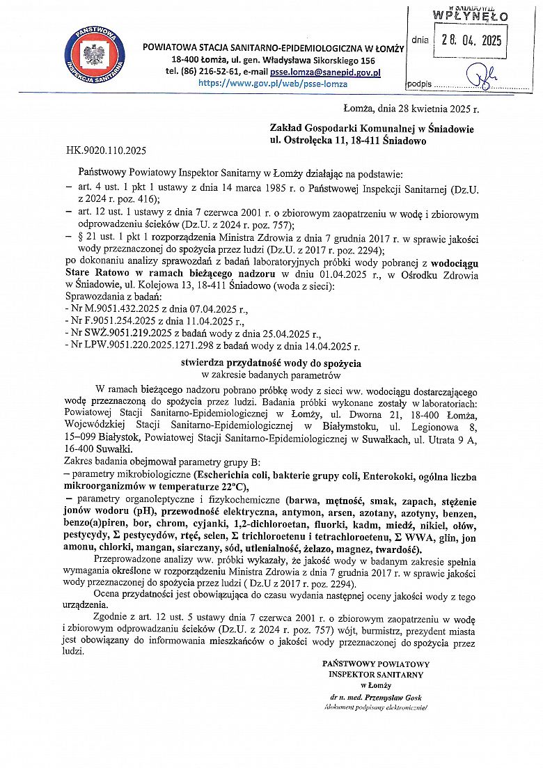 Stwierdzenie przydatności wody do spożycia z wodociągu Stare Ratowo w ramach bieżącego nadzoru
