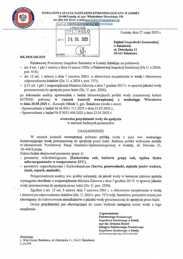 Stwierdzenie przydatności wody do spożycia z wodociągu w Wierzbowie z dnia 27.05.2025 r