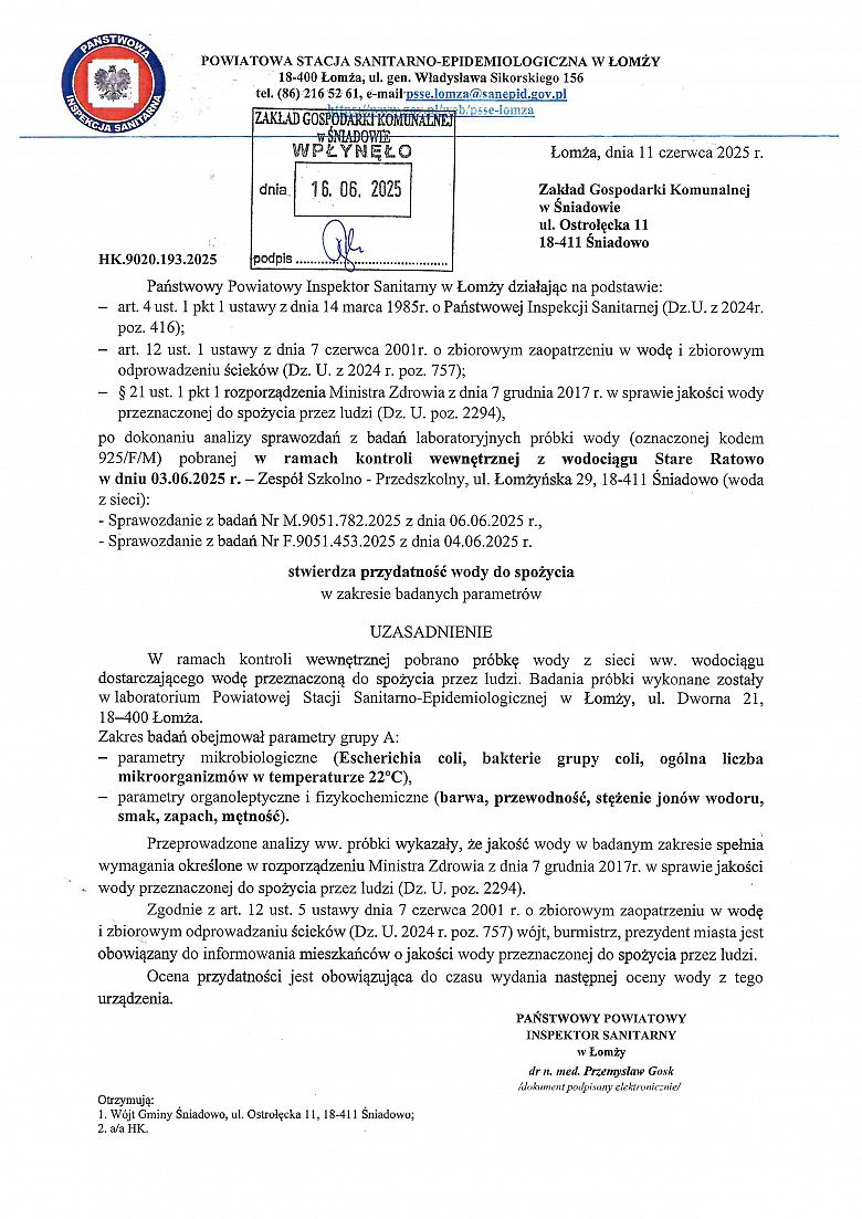 Stwierdzenie przydatności wody do spożycia z wodociągu w Starym Ratowie z dnia 11.06.2025 r